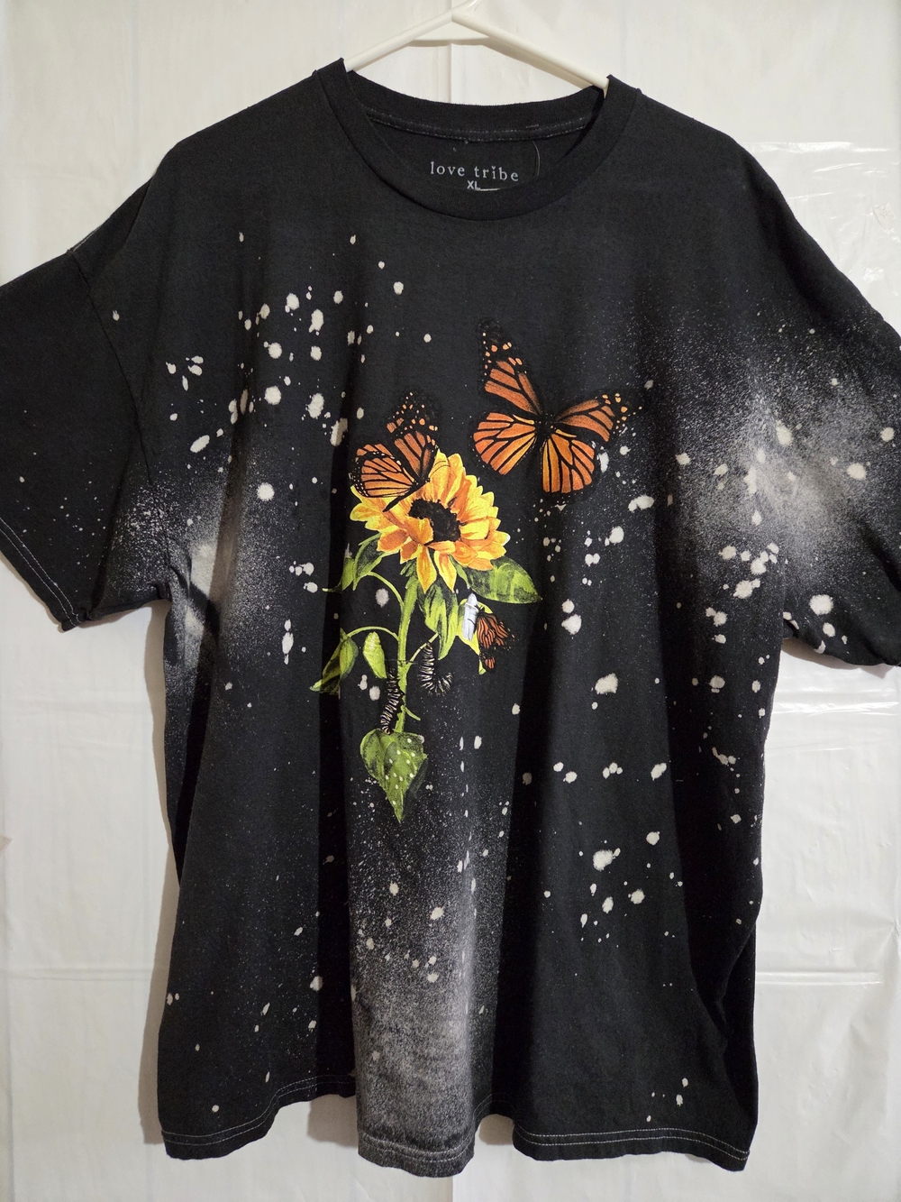 Love Tribe Black Tee with Orange Butterflies & Yellow Sunflower